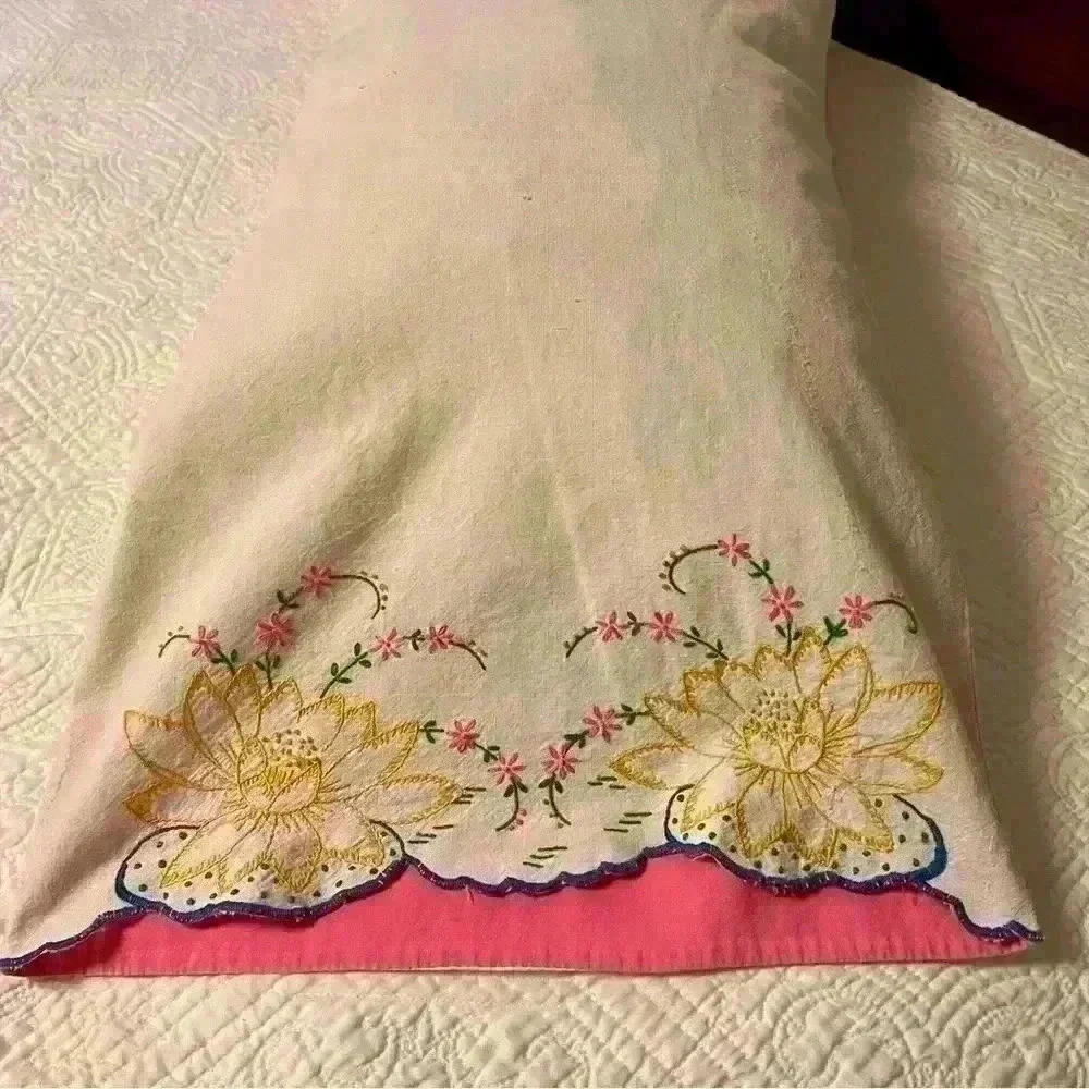 Set of 2 vintage handmade embroidered flour sack pillowcases lotus flower